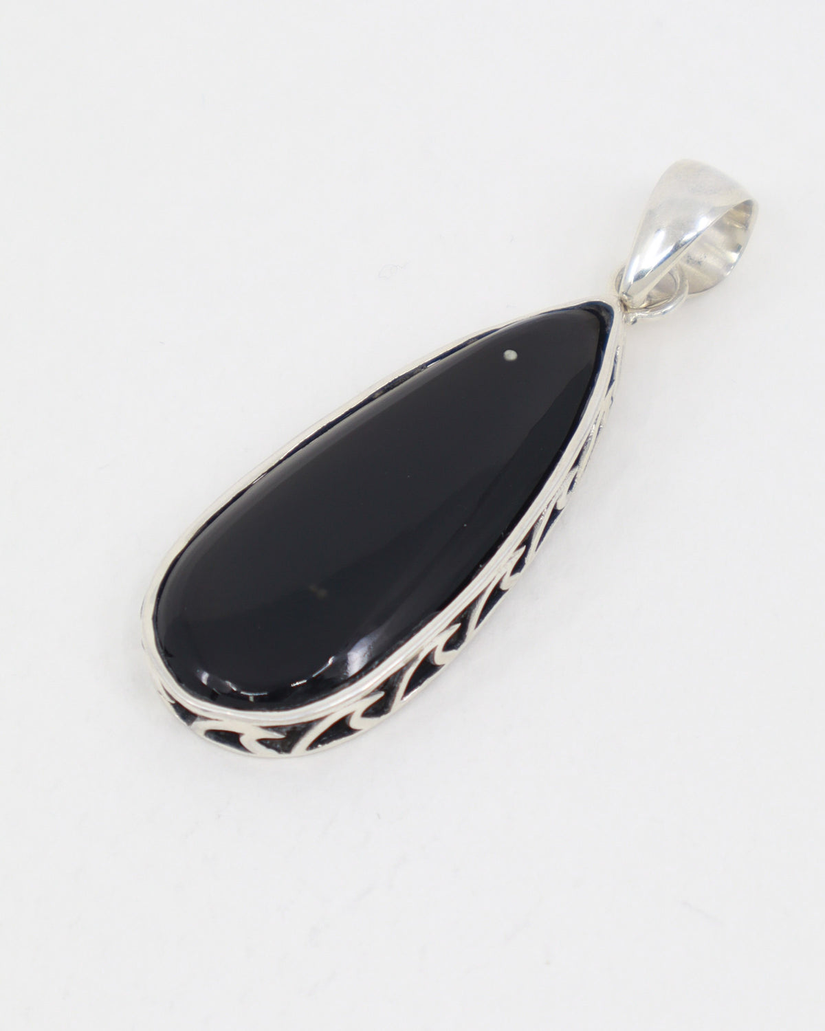 Natural Black Obsidian sterling silver teardrop pendant with glossy black stone and decorative openwork .925 silver setting.