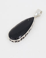 Natural Black Obsidian sterling silver teardrop pendant with glossy black stone and decorative openwork .925 silver setting.
