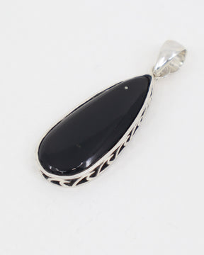 Natural Black Obsidian sterling silver teardrop pendant with glossy black stone and decorative openwork .925 silver setting.