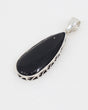 Natural Black Obsidian sterling silver teardrop pendant with glossy black stone and decorative openwork .925 silver setting.