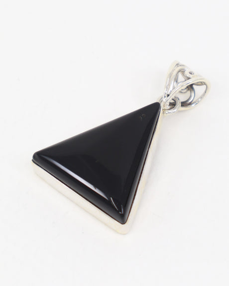 Black Onyx sterling silver triangular pendant with polished black gemstone and ornate .925 silver bail, protection and grounding jewellery.