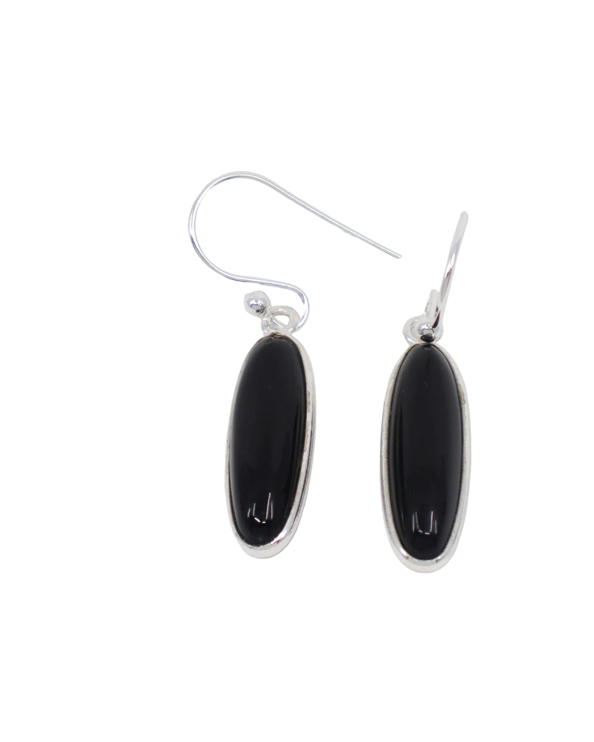 Black Onyx sterling silver drop earrings with polished elongated oval gemstones in .925 silver, grounding protection crystal jewellery Australia.
