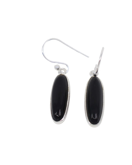Black Onyx sterling silver drop earrings with polished elongated oval gemstones in .925 silver, grounding protection crystal jewellery Australia.
