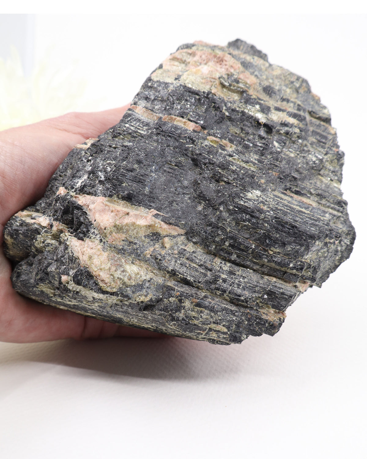 Large natural Black Tourmaline with pink feldspar 1.559kg raw crystal specimen with black striated Tourmaline crystals and contrasting pink mineral formations.