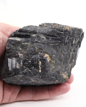 Natural Black Tourmaline specimen 696g with deeply striated raw black crystal formations and natural mineral matrix, 12cm protection and grounding crystal.