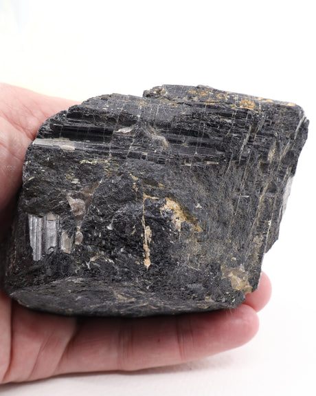 Natural Black Tourmaline specimen 696g with deeply striated raw black crystal formations and natural mineral matrix, 12cm protection and grounding crystal.