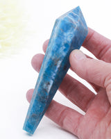Natural Blue Apatite crystal wand 123g with deep ocean blue colouring, natural mineral patterns and gold display stand, 13cm crystal point.