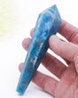 Natural Blue Apatite crystal wand 123g with deep ocean blue colouring, natural mineral patterns and gold display stand, 13cm crystal point.