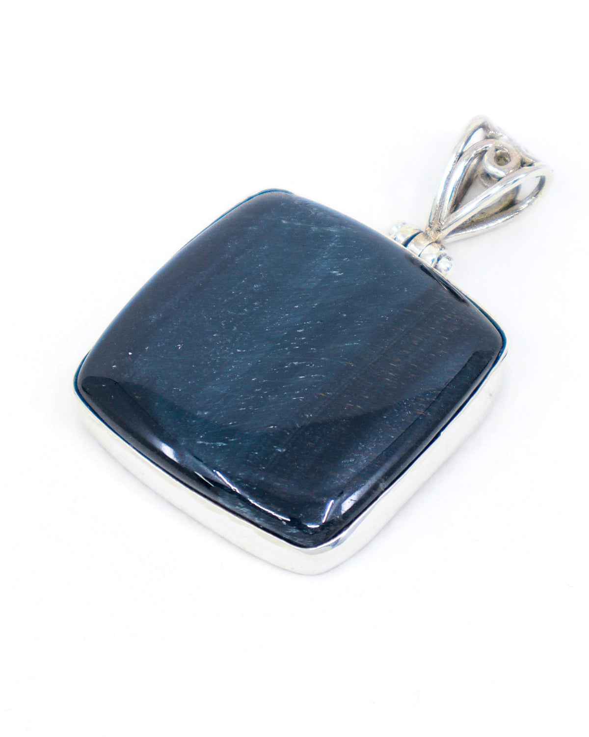 Natural Blue Tiger Eye sterling silver pendant 4.5cm with dark midnight blue Hawk’s Eye gemstone and decorative .925 silver bail.