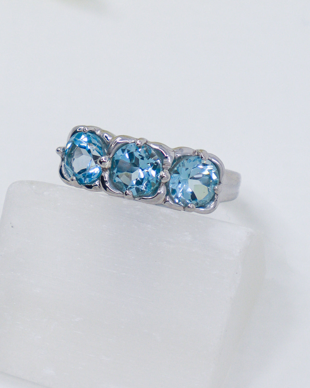 Blue Topaz Three Stone Sterling Silver Ring – Celestial Clarity | Size 7