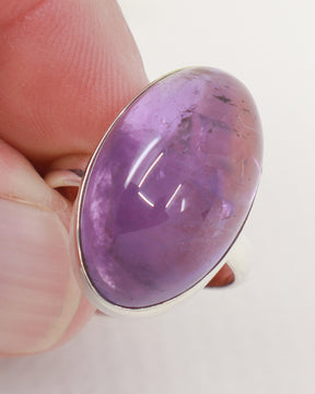 Brazilian Amethyst cabochon sterling silver ring size 9 with large oval polished lavender purple natural gemstone.