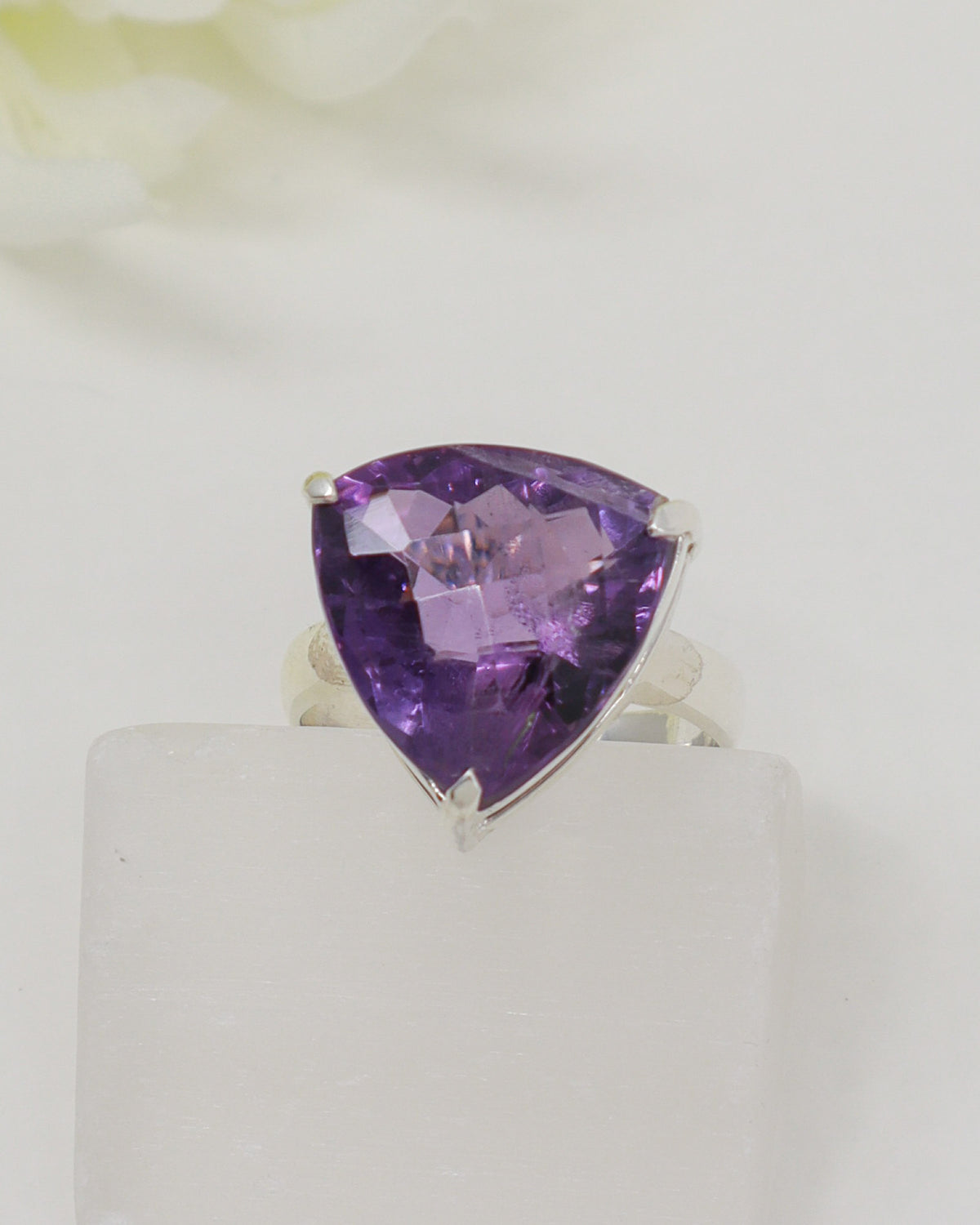 Brazilian Amethyst trillion cut ring size 8 in .925 sterling silver with natural purple faceted gemstone – crystal jewellery Australia.