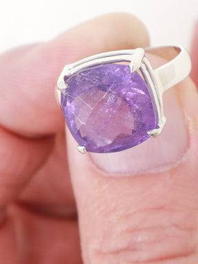 Brazilian Amethyst sterling silver ring size 8 with 1.4cm faceted cushion-cut purple crystal gemstone in .925 silver, Inspired By 3 Australia.