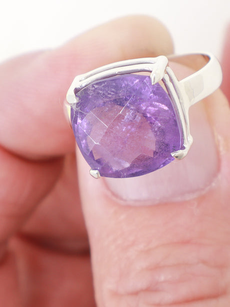 Brazilian Amethyst sterling silver ring size 8 with 1.4cm faceted cushion-cut purple crystal gemstone in .925 silver, Inspired By 3 Australia.