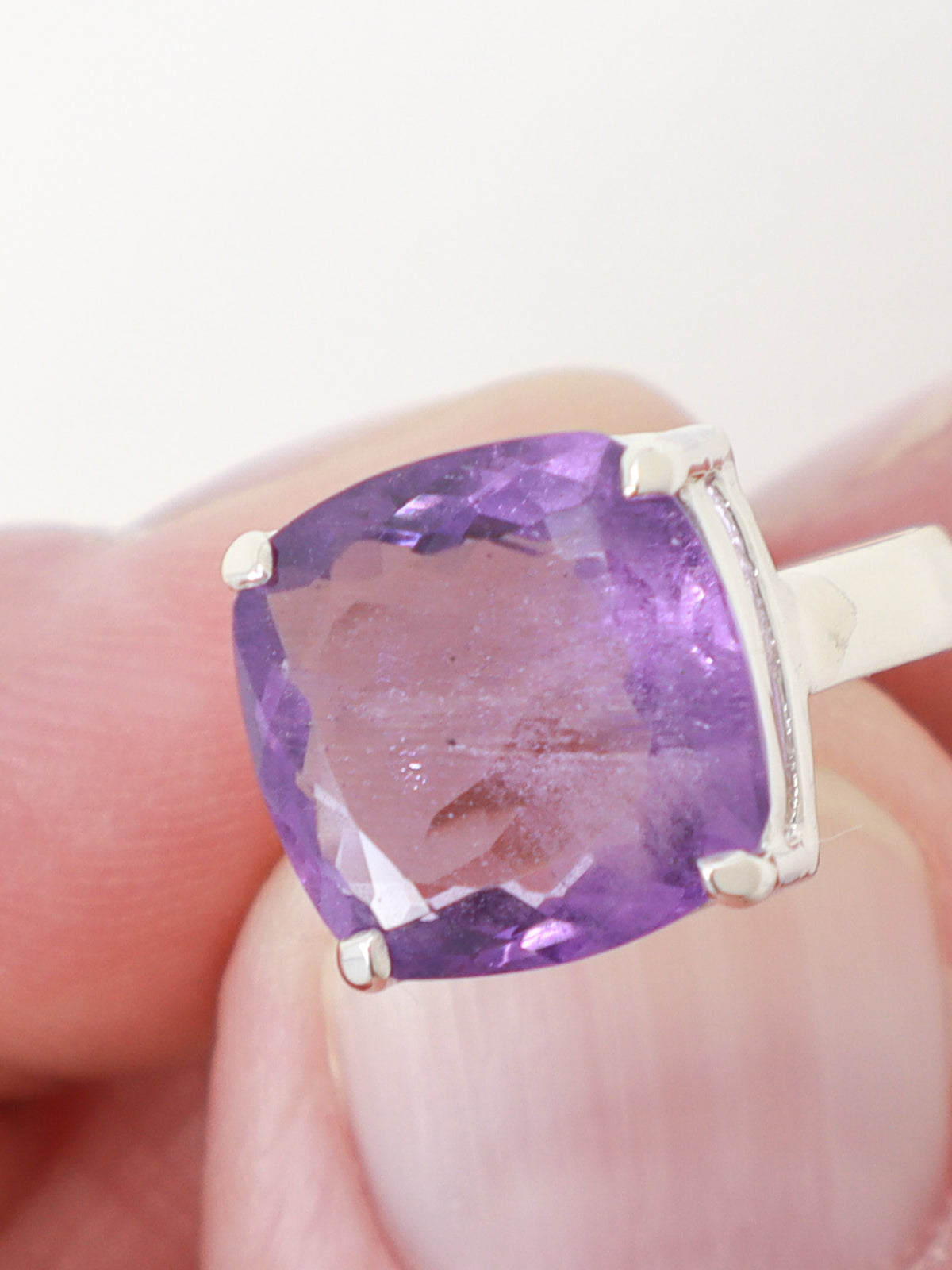Brazilian Amethyst sterling silver ring size 6 with 1.2cm cushion-cut purple gemstone set in .925 silver, Inspired By 3 Australia.