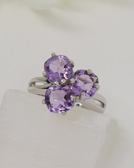 Brazilian Amethyst Sterling Silver Ring – Trinity of Light | Size 8