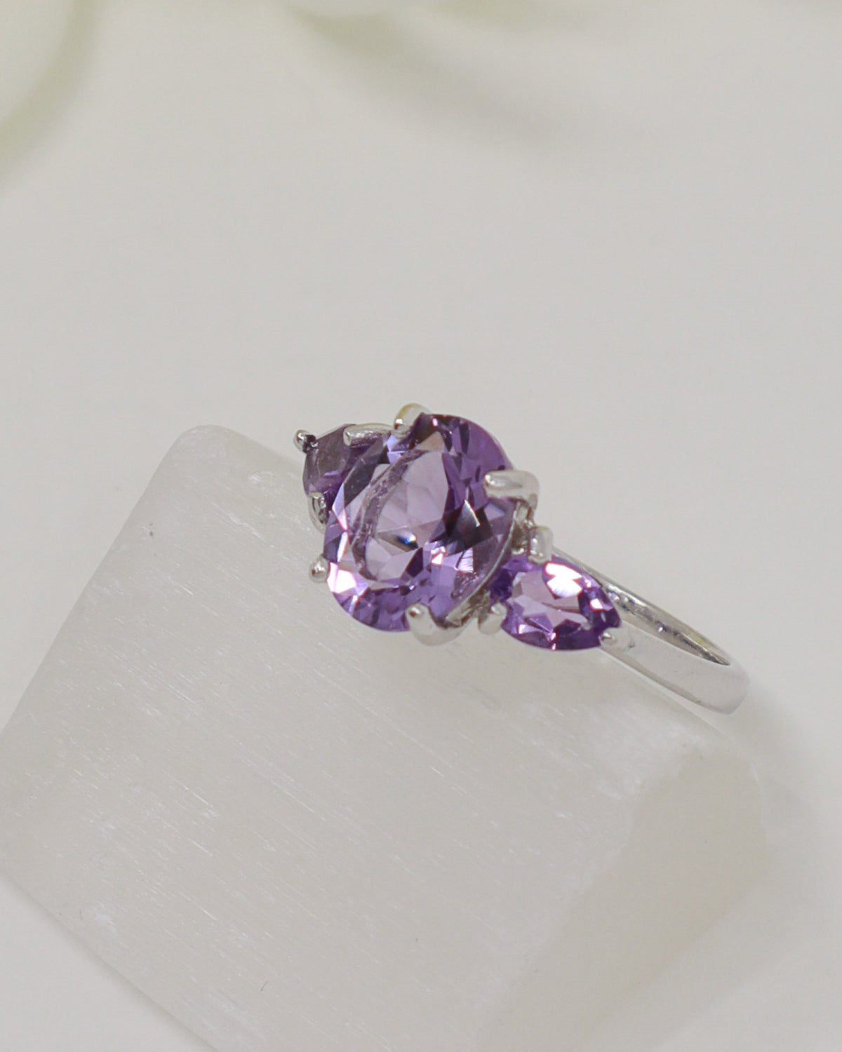 Brazilian Amethyst Three Stone Sterling Silver Ring – Size 8 | Violet Trinity