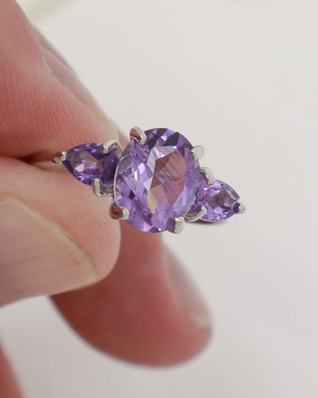 Brazilian Amethyst three stone sterling silver ring size 8 with faceted purple Amethyst gemstones in .925 silver, Inspired By 3 Australia.