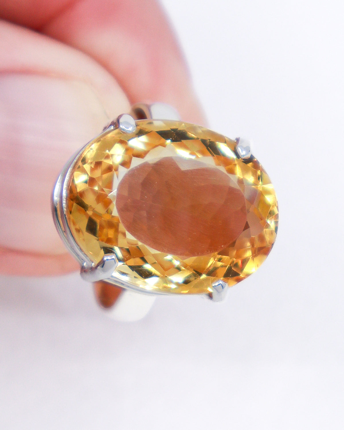 Brazilian Citrine sterling silver ring Size 9 with large oval faceted golden Citrine gemstone in .925 silver setting.
