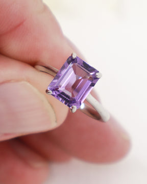 Brazilian Amethyst sterling silver ring size 7 with rectangular emerald-cut purple gemstone in .925 silver, crystal jewellery Australia.