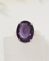 Brazilian Amethyst sterling silver ring size 9 with faceted oval purple gemstone in .925 silver, natural crystal jewellery Australia.