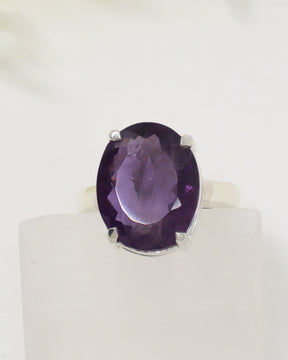 Brazilian Amethyst sterling silver ring size 9 with faceted oval purple gemstone in .925 silver, natural crystal jewellery Australia.