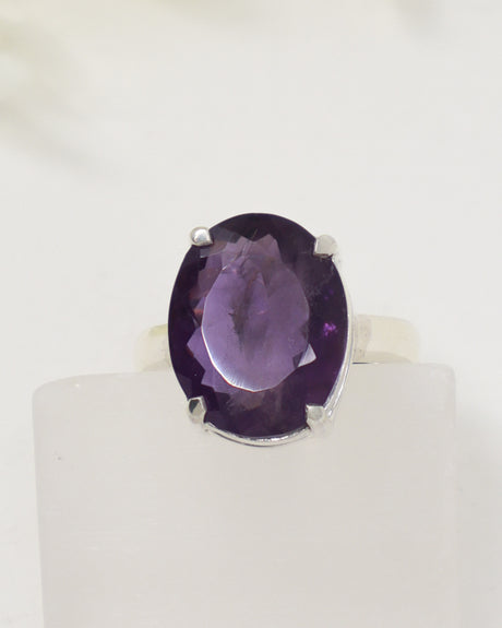 Brazilian Amethyst sterling silver ring size 9 with faceted oval purple gemstone in .925 silver, natural crystal jewellery Australia.
