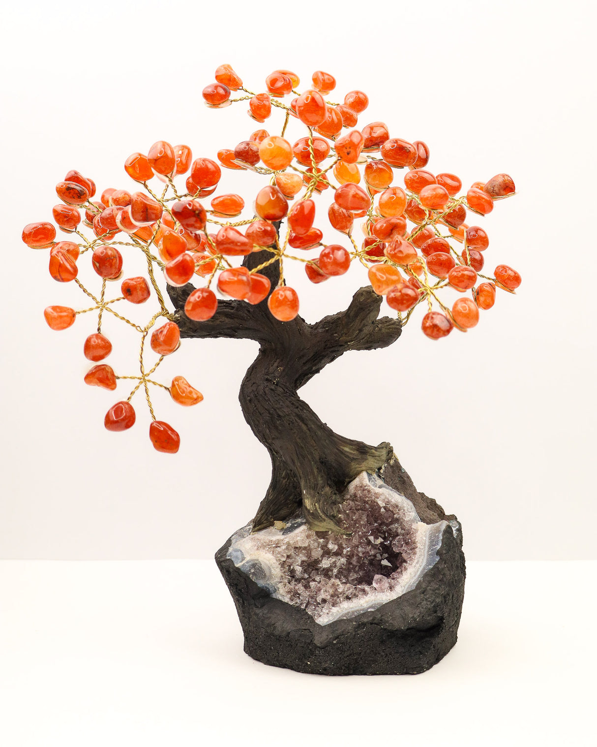 Carnelian Gemstone Bonsai Tree on Sparkling Amethyst Geode Base | 24cm | 24 Branches | Motivation & Vitality