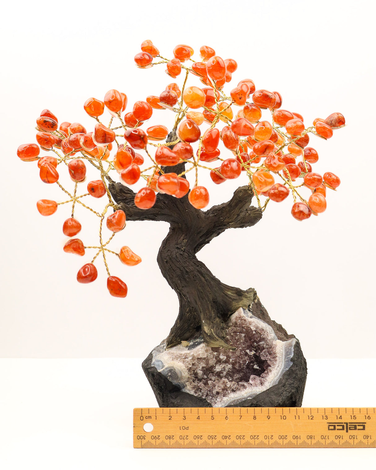 Carnelian Gemstone Bonsai Tree on Sparkling Amethyst Geode Base | 24cm | 24 Branches | Motivation & Vitality