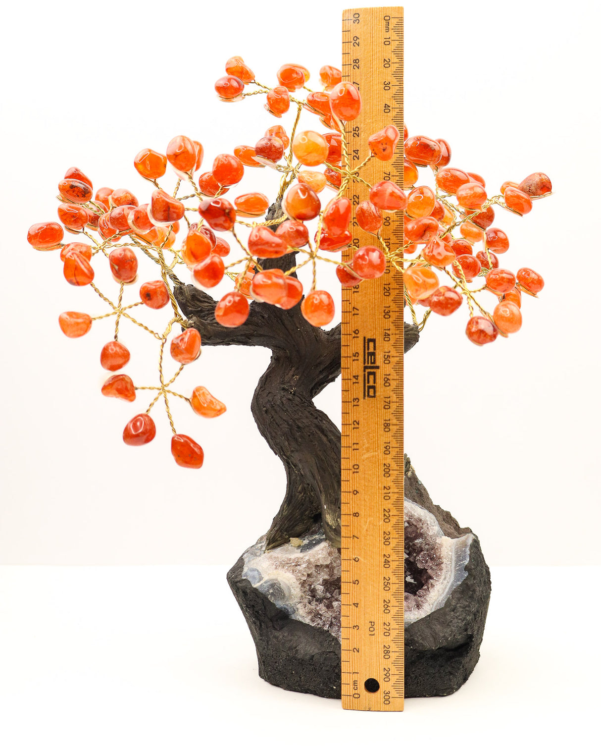 Carnelian Gemstone Bonsai Tree on Sparkling Amethyst Geode Base | 24cm | 24 Branches | Motivation & Vitality