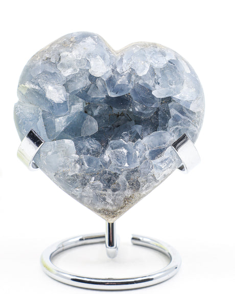 Celestite Crystal Heart featuring sparkling pale blue crystal points and natural druzy formations weighing 415g.