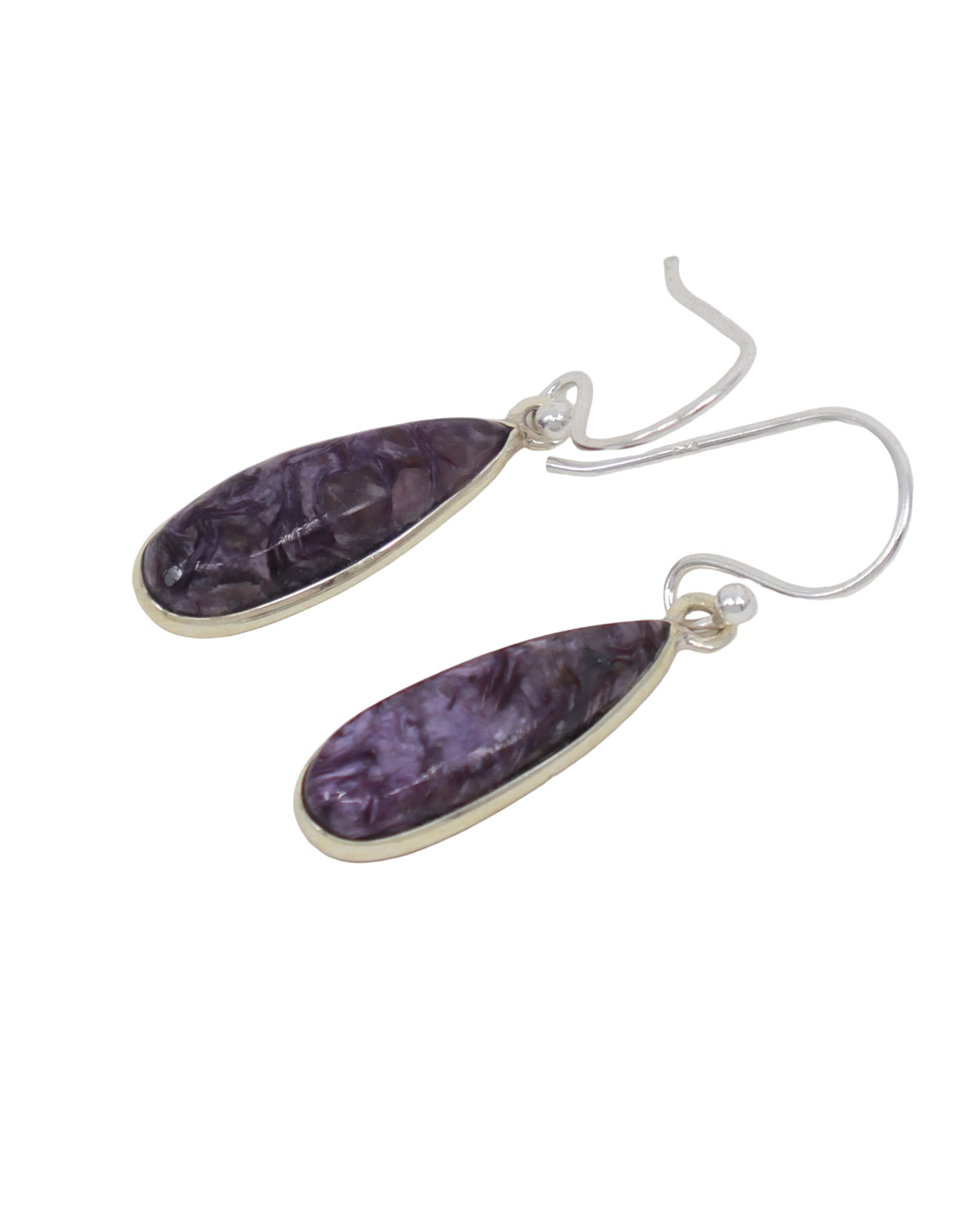Natural Charoite sterling silver drop earrings with swirling violet and lavender purple teardrop gemstones, 2.5cm Charoite crystal earrings.