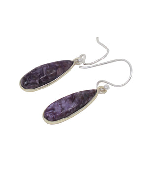 Natural Charoite sterling silver drop earrings with swirling violet and lavender purple teardrop gemstones, 2.5cm Charoite crystal earrings.