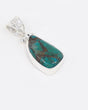 Natural Chrysocolla sterling silver pendant with turquoise teal green and earthy brown matrix, elongated teardrop crystal and ornate silver bail.
