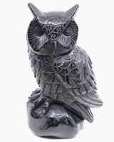 Close-up of Black Obsidian Owl crystal carving showing intricately engraved facial feathers, expressive circular eyes and polished black stone.