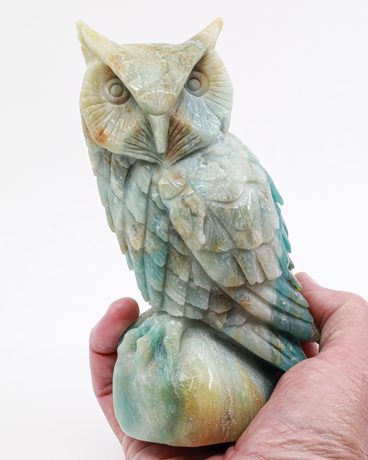 Large Amazonite Owl Carving 988g with turquoise blue, seafoam green and golden mineral patterns, detailed feathers and polished crystal base.