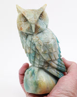 Large Amazonite Owl Carving 988g with turquoise blue, seafoam green and golden mineral patterns, detailed feathers and polished crystal base.