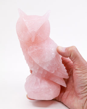 Large Rose Quartz Owl Carving 1.517kg, hand-carved pink crystal owl statue with detailed feathers, symbolising love, wisdom and compassion.