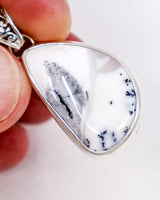Natural Dendritic Agate sterling silver pendant with white Agate, smoky grey plume and delicate black tree-like dendritic inclusions.