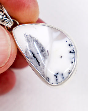 Natural Dendritic Agate sterling silver pendant with white Agate, smoky grey plume and delicate black tree-like dendritic inclusions.