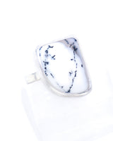 Natural Dendritic Agate sterling silver ring size 9 with white and translucent grey Agate and black tree-like dendritic inclusions, approximately 2cm.