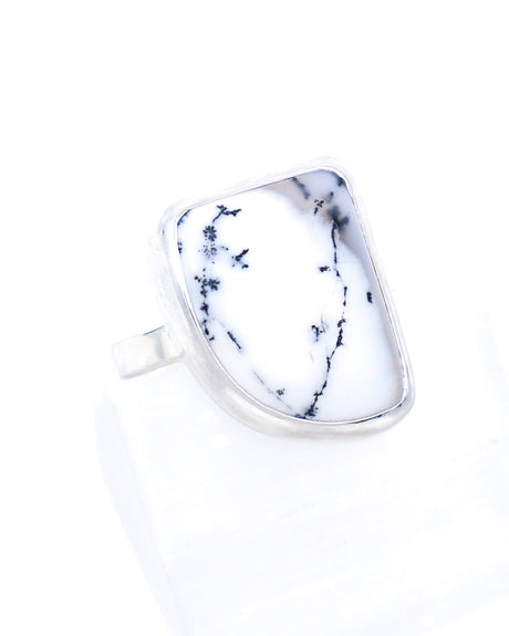 Natural Dendritic Agate sterling silver ring size 9 with white and translucent grey Agate and black tree-like dendritic inclusions, approximately 2cm.