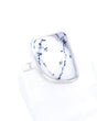 Natural Dendritic Agate sterling silver ring size 9 with white and translucent grey Agate and black tree-like dendritic inclusions, approximately 2cm.