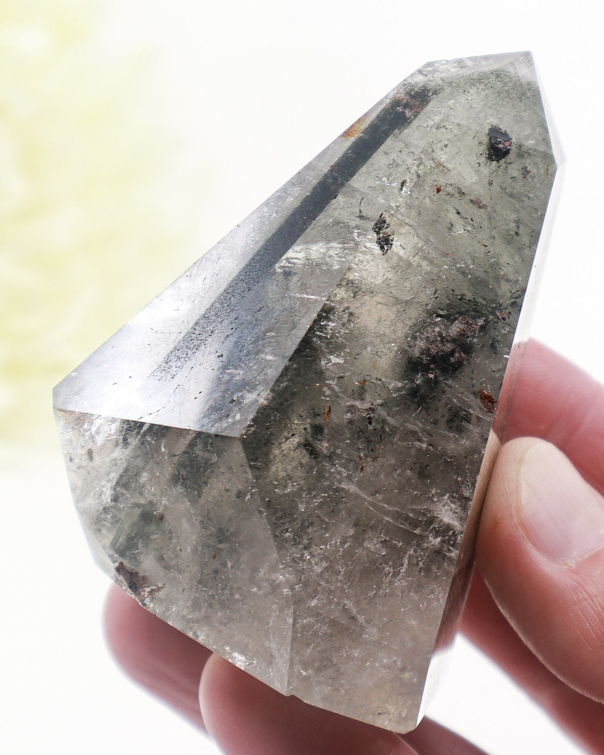 Green Garden Quartz freeform 222g with dramatic forest-green mineral inclusions, translucent smoky-grey Quartz and unusual polished sculptural shape.