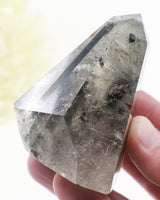 Green Garden Quartz freeform 222g with dramatic forest-green mineral inclusions, translucent smoky-grey Quartz and unusual polished sculptural shape.