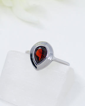 Natural Garnet sterling silver ring Size 8 with faceted pear shaped deep red Garnet gemstone in polished .925 silver.