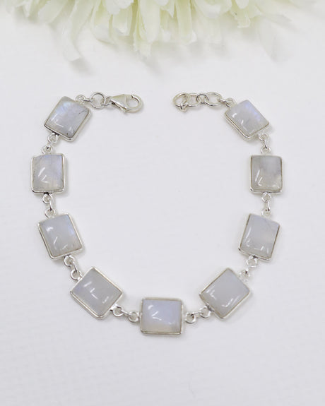 Rainbow Moonstone sterling silver bracelet with rectangular glowing moonstone cabochons and polished .925 silver links.