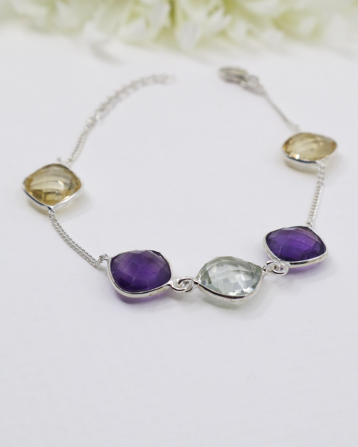Faceted Amethyst, Citrine and Green Amethyst sterling silver crystal bracelet with delicate chain design.