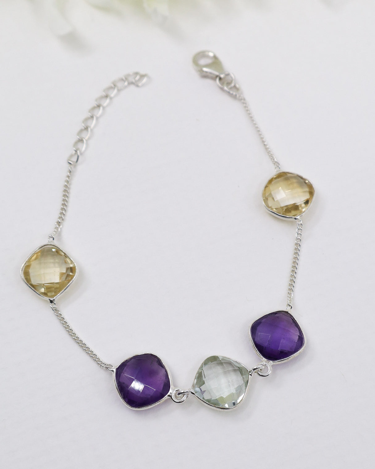 Faceted Amethyst, Citrine and Green Amethyst sterling silver crystal bracelet with delicate chain design.