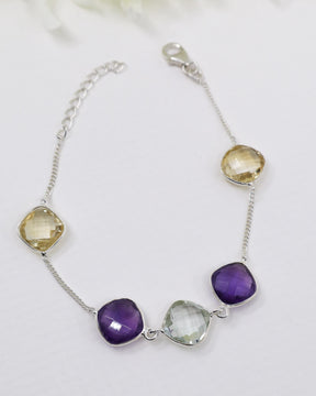 Faceted Amethyst, Citrine and Green Amethyst sterling silver crystal bracelet with delicate chain design.